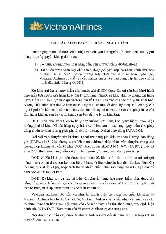 Mẫu tờ khai hàng hóa nguy hiểm DGD của Vietnam Airlines 1