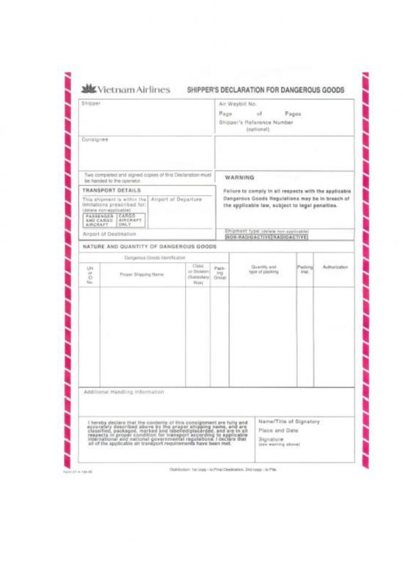 Mẫu tờ khai hàng hóa nguy hiểm DGD của Vietnam Airlines