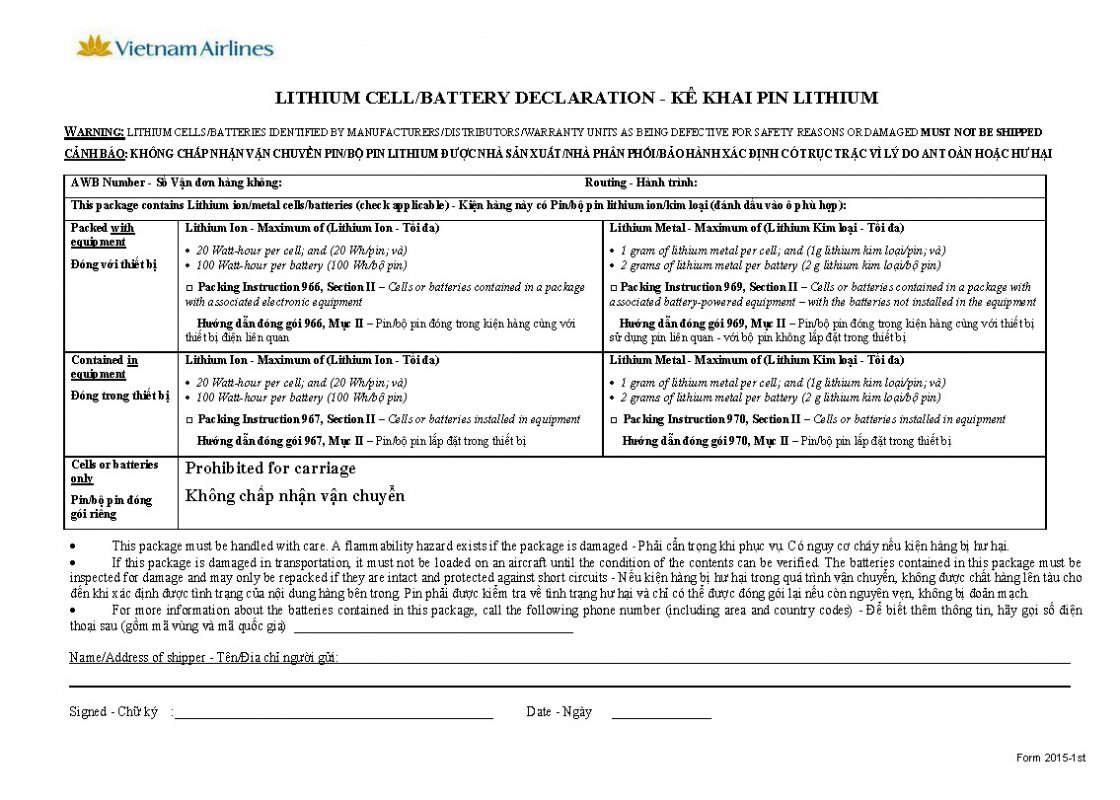 Mẫu tờ khai hàng hóa nguy hiểm DGD của Vietnam Airlines